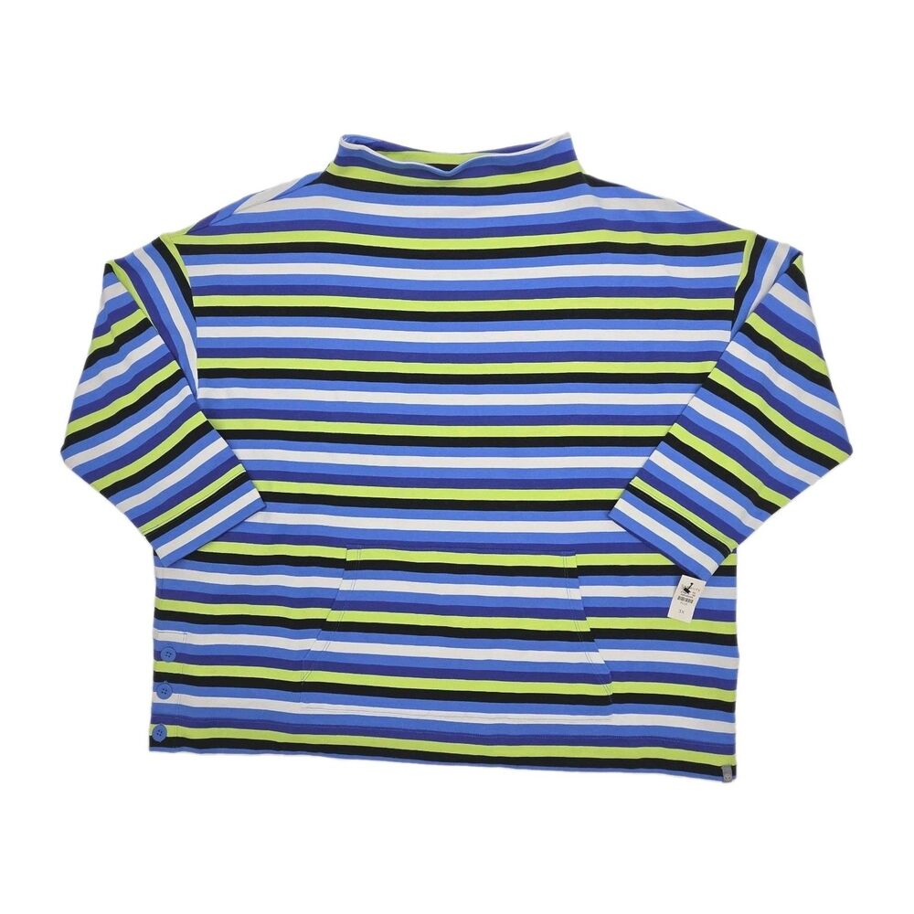 T by Talbots Sweatshirt Top Blue Green Stripe Women Plus 3X Fleece Pocket NEW